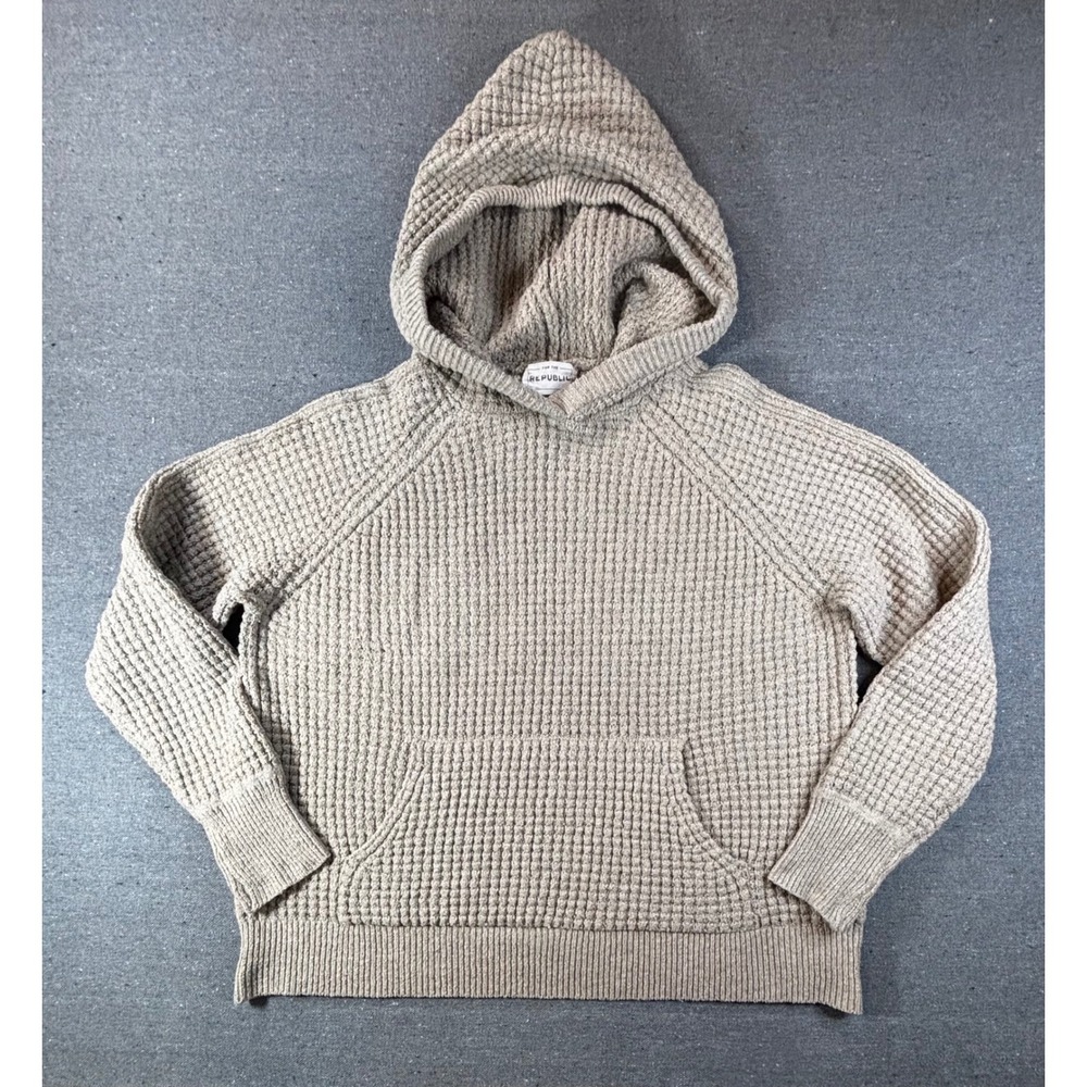 For The Republic Waffle Knit Hoodie Sweater Tan Beige Wool Blend Pullover Womens